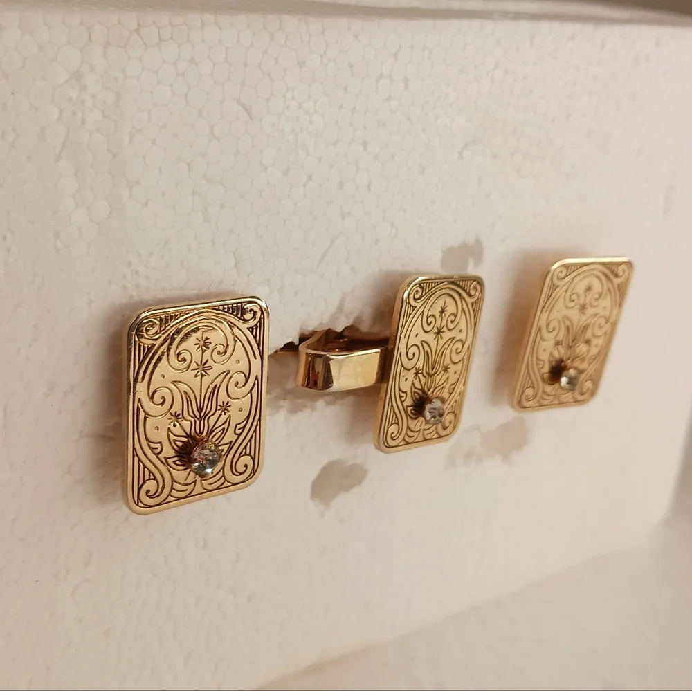 Cufflinks Tie Clip Set VTG MCM Etched Scrolls Stars Space Age Gold Tone Crystal